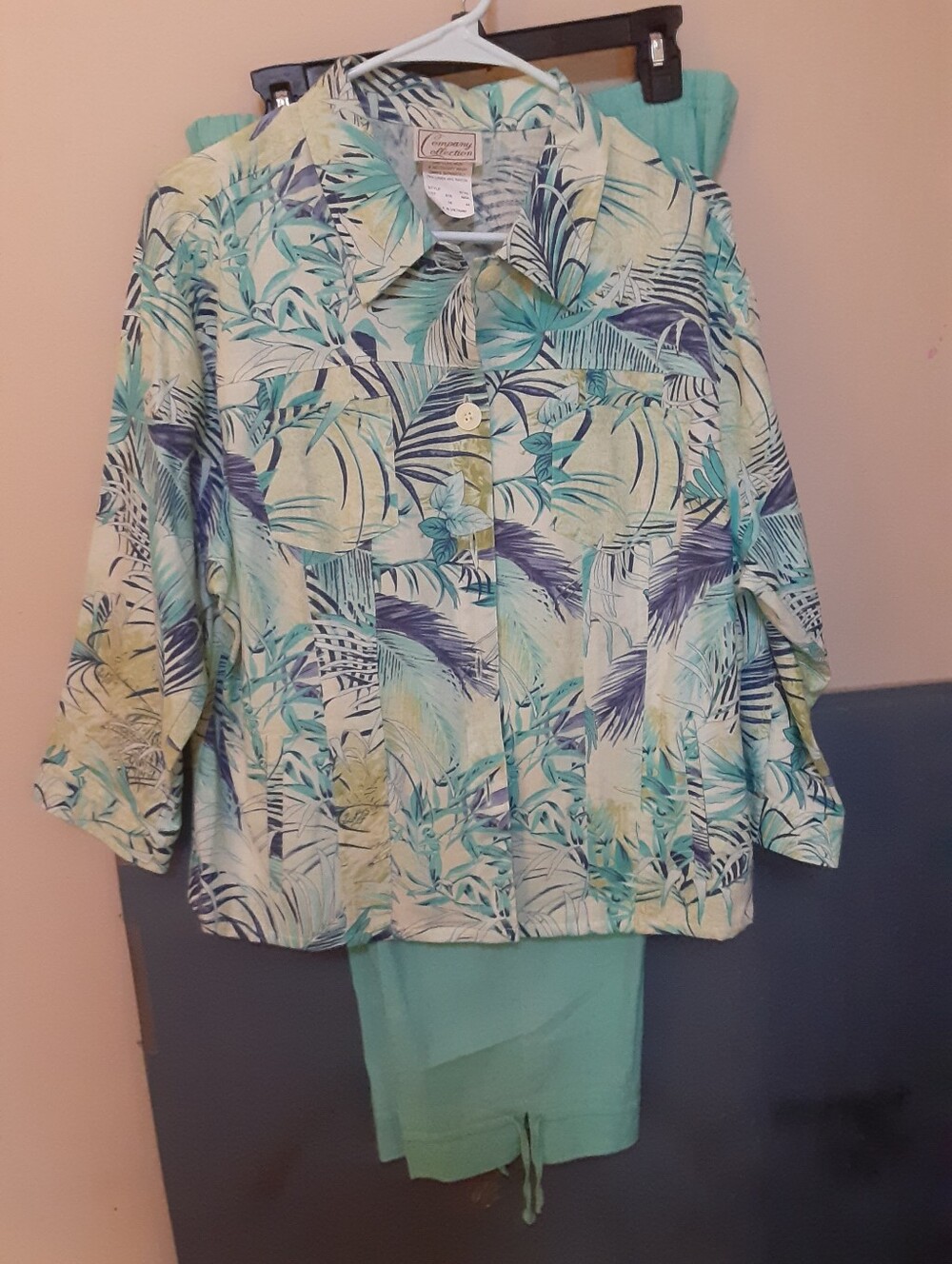 Tropical Print Button-Front Top in Aqua & Navy